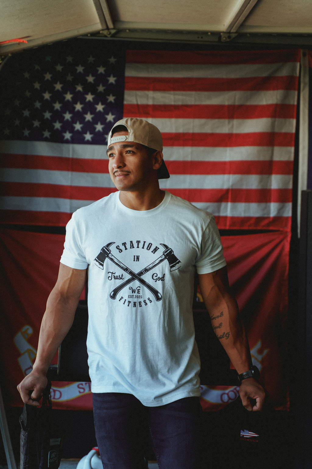 In God We Trust Shirt - front view with American flag