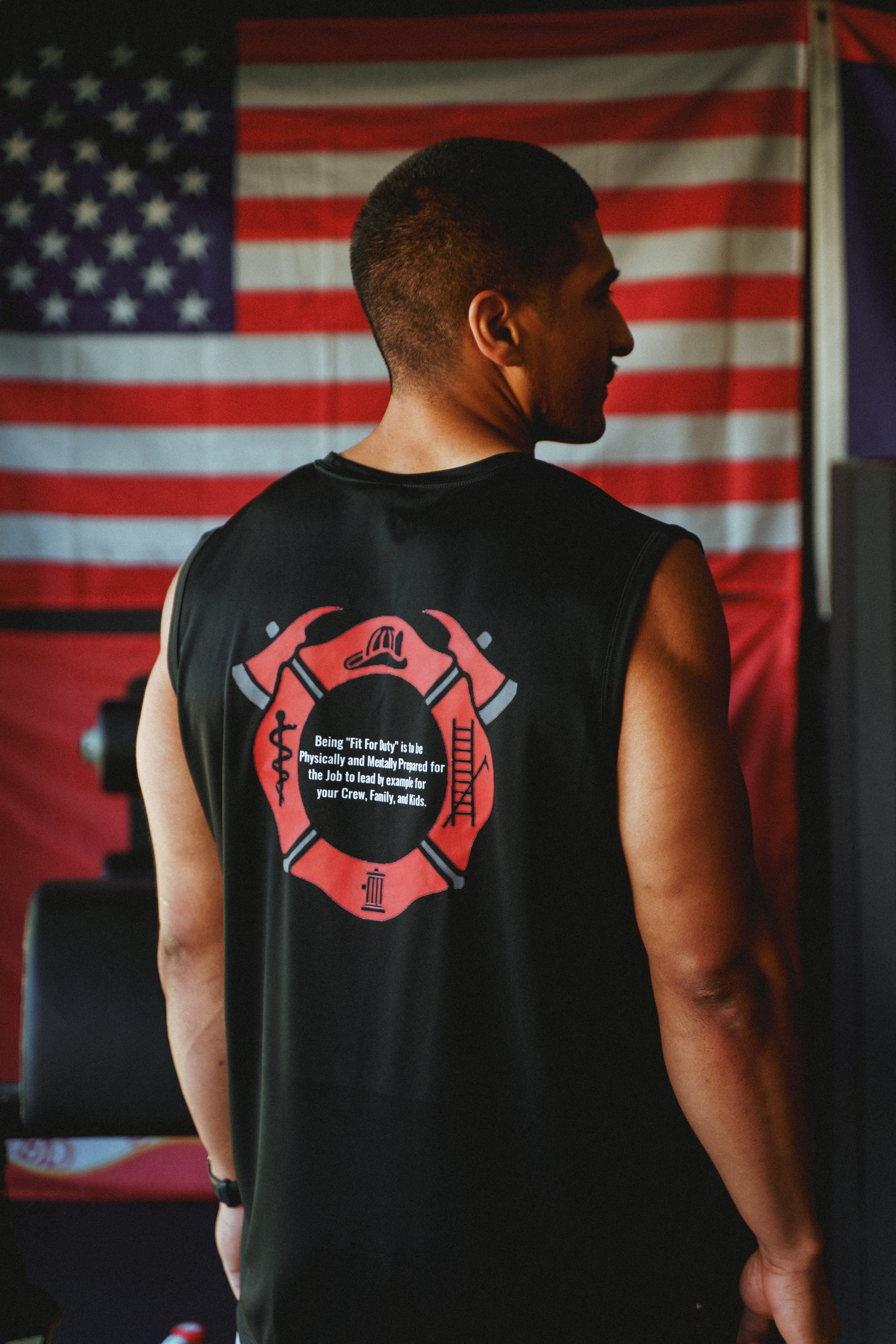 Fit for Duty Tank Top - back view with American flag